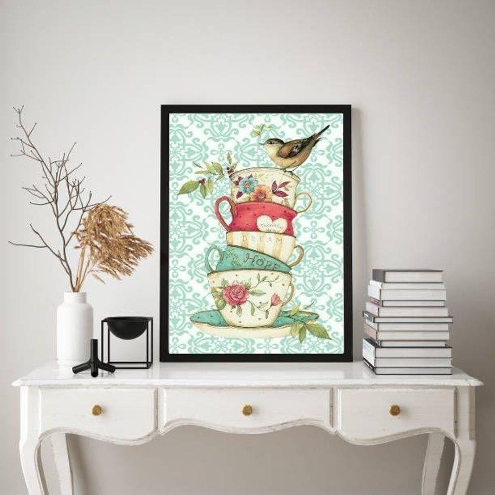 Quadro Vintage Xícaras Passarinho 45x34cm - Vidro Preto