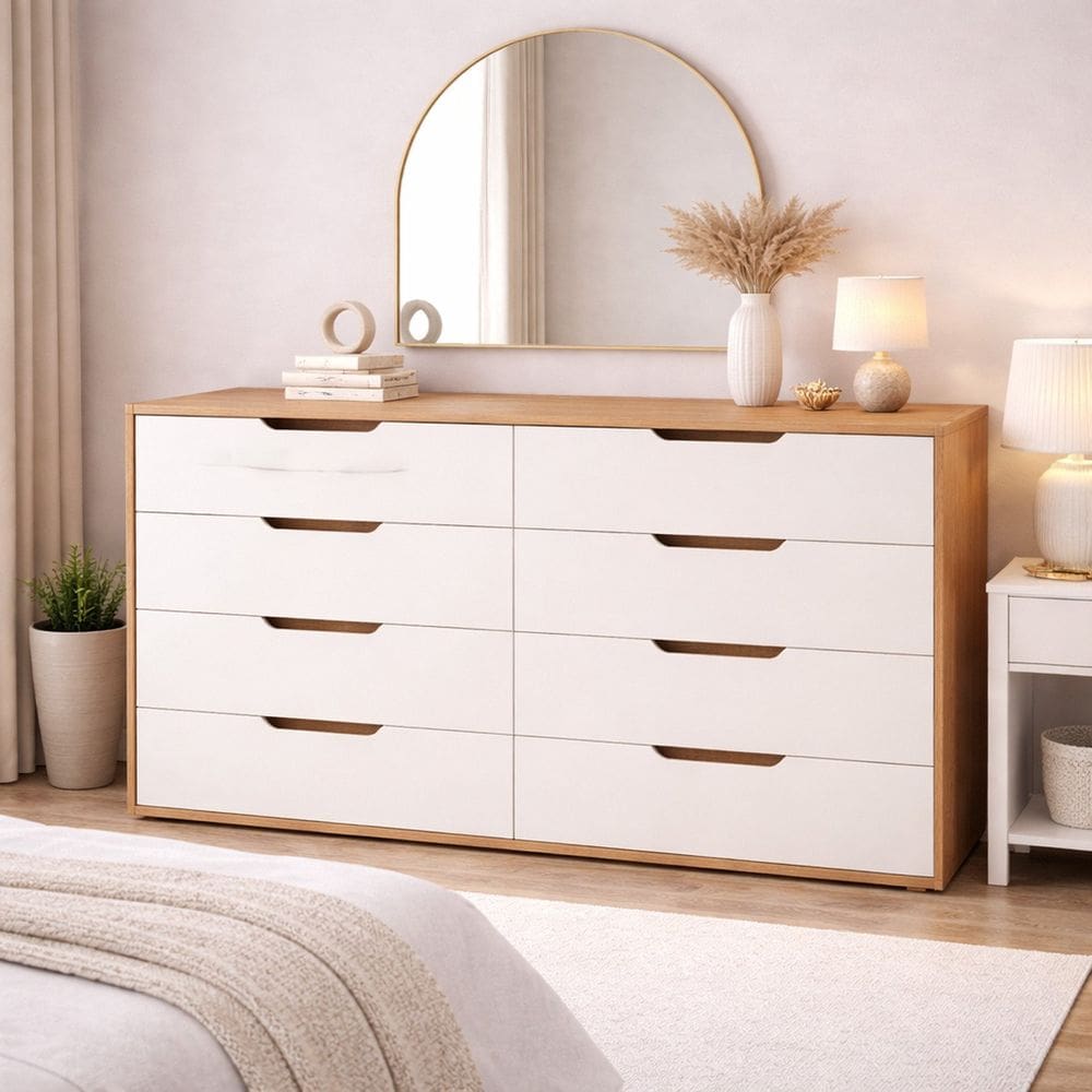 Cômoda para Quarto 8 Gavetas 150cm X 84cm Madri Creme/Freijó