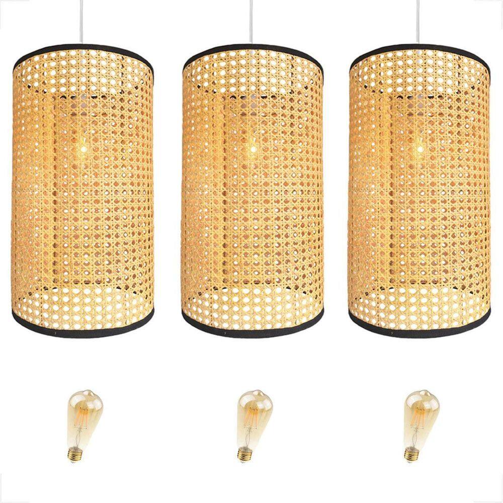 Kit 3 Pendente Fibra Natural Palha Tela Indiana Nat84 + Led