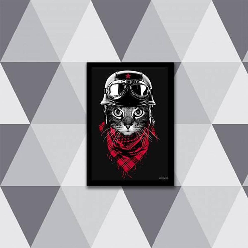 Quadro Decorativo Gato Motoqueiro 33X24Cm - Moldura Preta