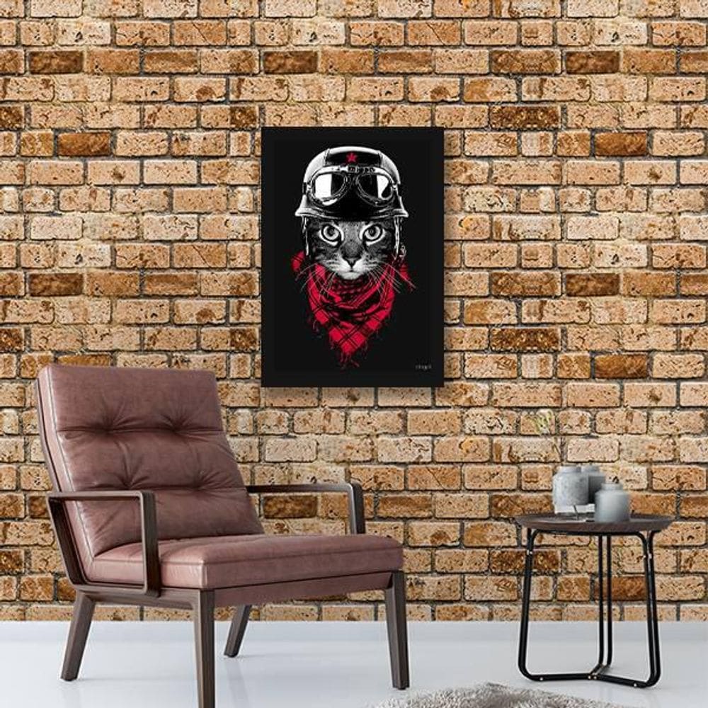 Quadro Decorativo Gato Motoqueiro 45x34Cm Moldura Preta