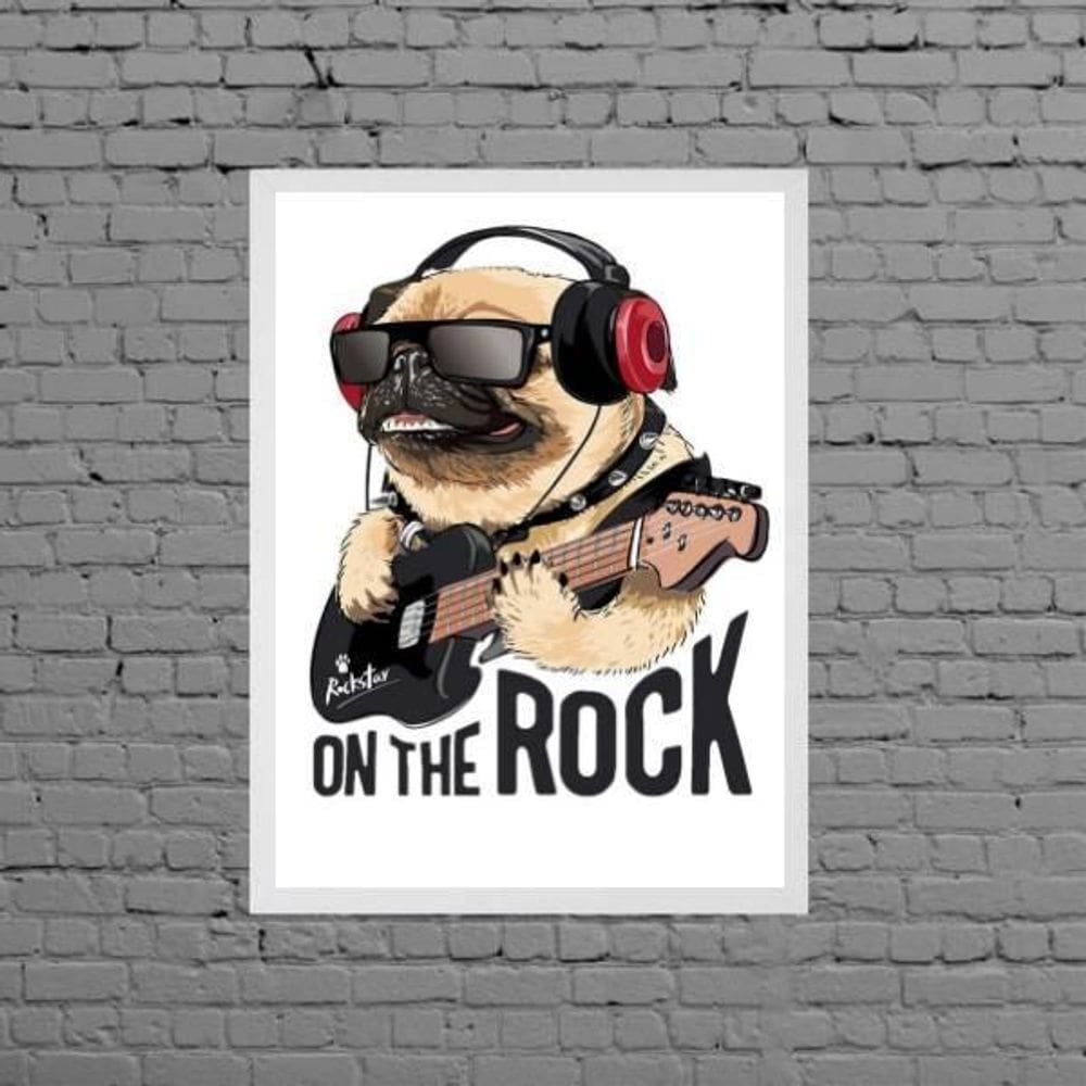 Quadro Decorativo Pug On The Rock Moldura Branca 24X18Cm