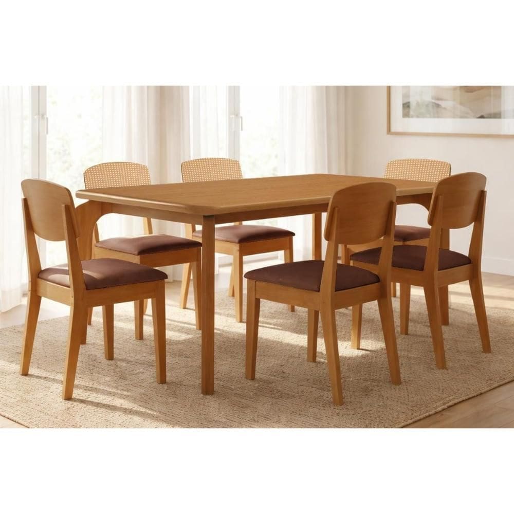 Conjunto: Mesa de Cozinha Londrina Tampo Curvo 180cm+6 Cadeiras Havana Naturale - Suede Marrom - Rufato