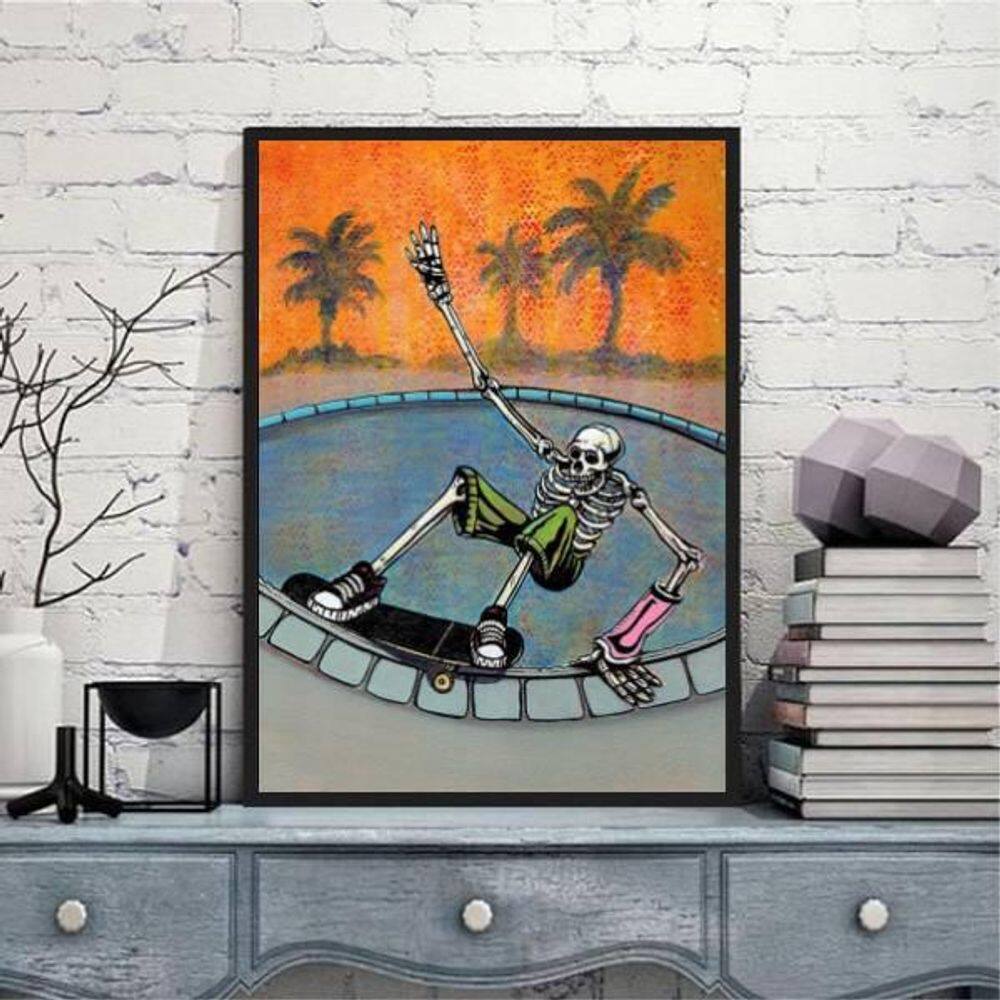 Quadro Decorativo Caveira No Skate 45X34Cm Moldura Preta