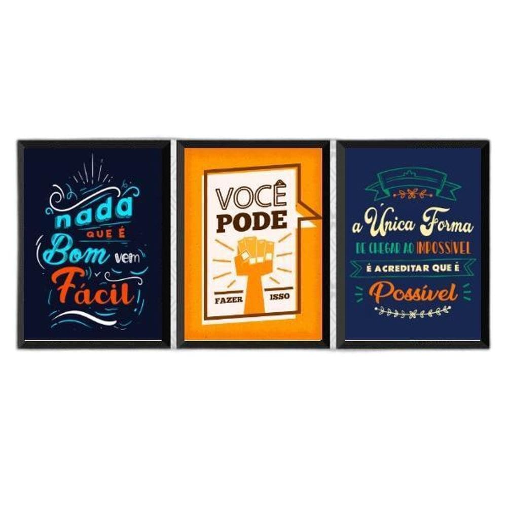 Kit 3 Quadros Frases Motivadoras Trabalho 24X18Cm Preta