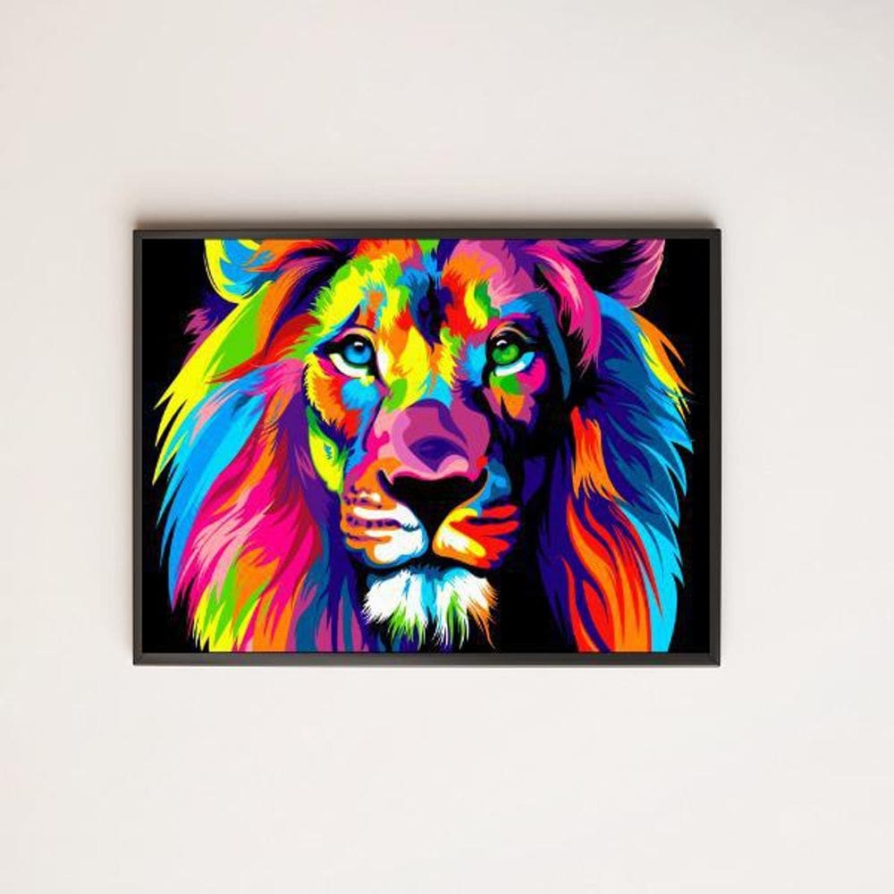 Quadro Desenho Leão Multicolorido 24X18Cm Preto