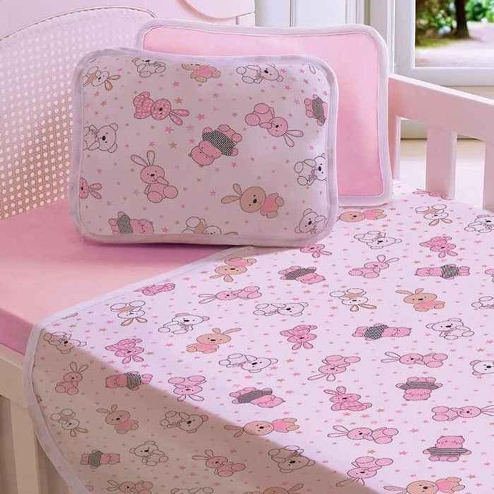 Jogo De Berço 3 Peças Malha Bichinho Rosa 100% Algodão