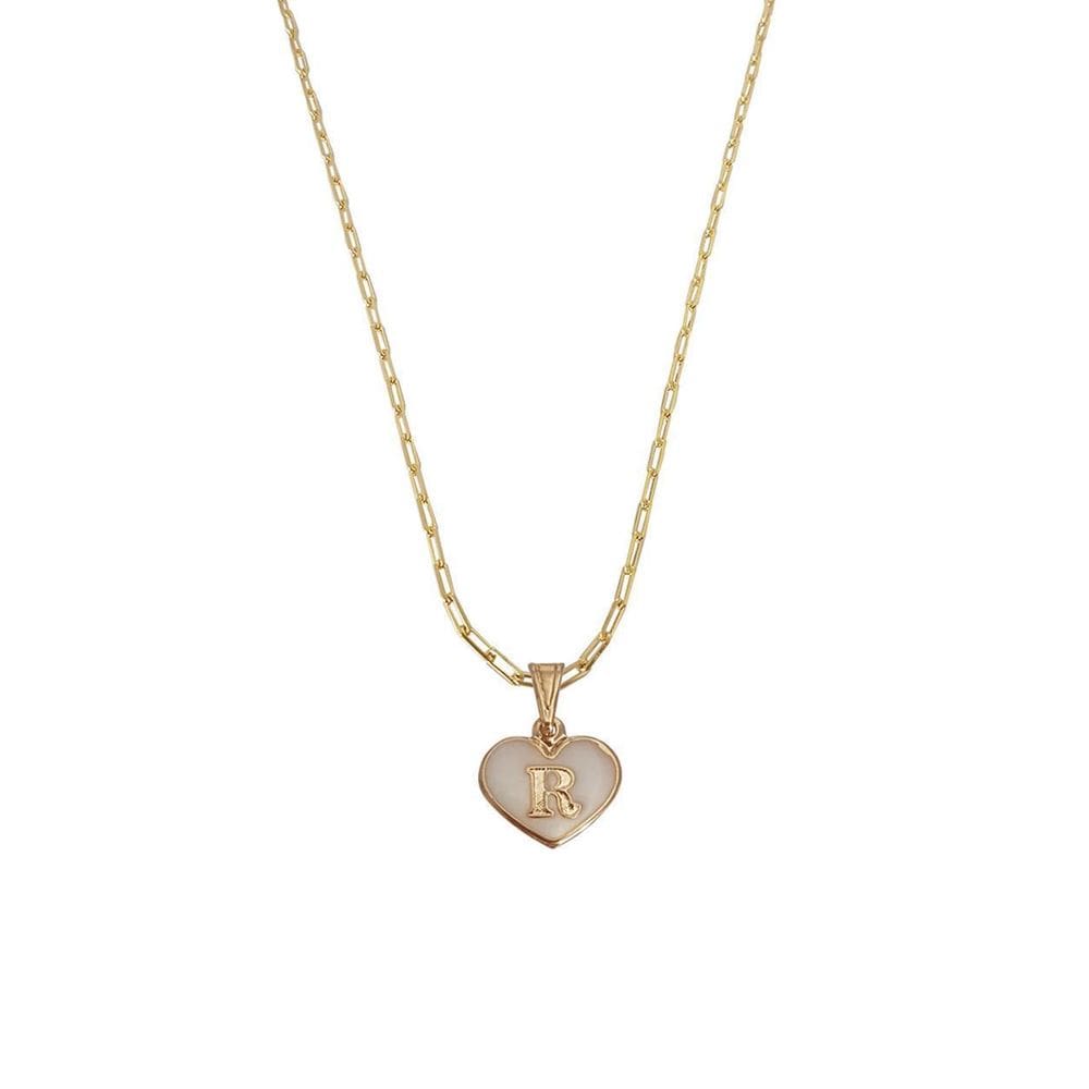 Colar Cartier 45Cm Coração Branco Letra R Banhado Ouro 18K