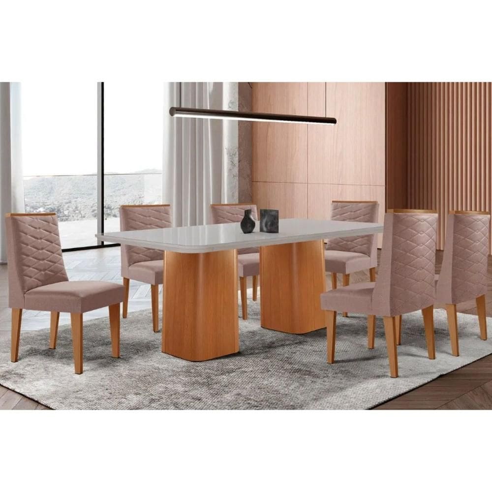 Conjunto: Mesa Sala Jantar Maldivas Tampo c/ Vidro Curvo 180cm+6 Cadeiras Dafne Madeira Naturale/Off White - Capuccino/Linho Capuccino - Rufato