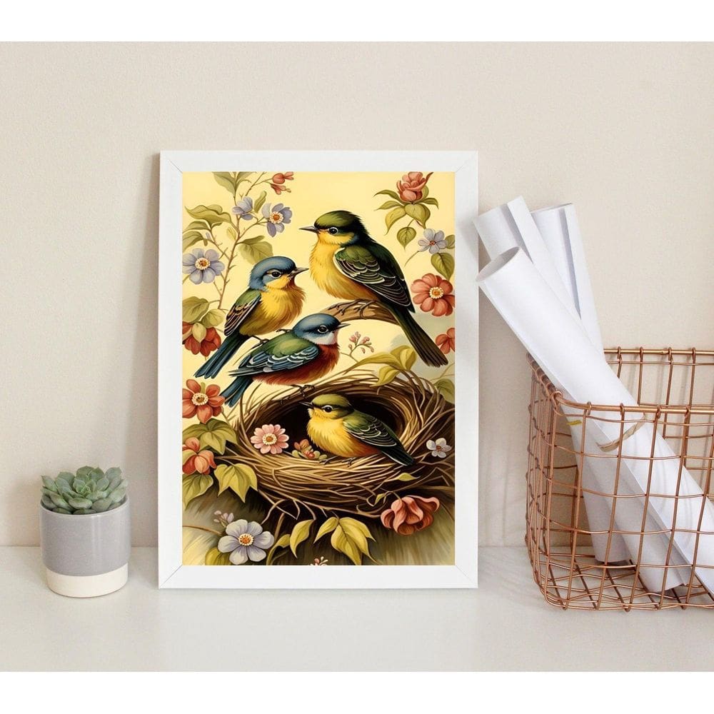 Quadro Decorativo Passarinhos No Ninho 45X34Cm - Com Vidro