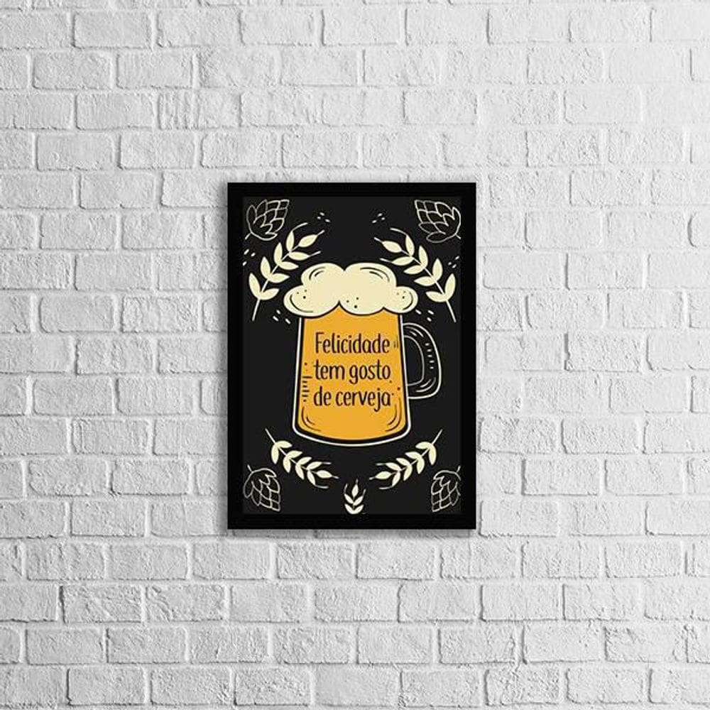 Quadro Frase Felicidade Tem Gosto De Cerveja 24X18Cm