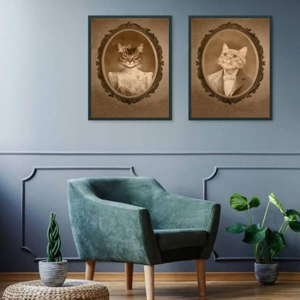 Kit 2 Quadros Casal De Gatinhos Vintage 33X24 C/Vidro Preta