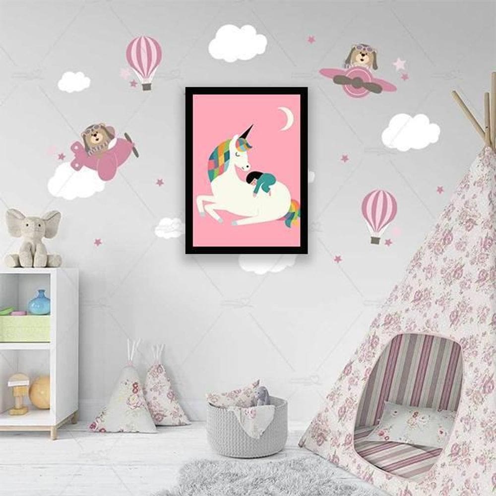 Quadro Unicórnio Lua 24X18Cm - Com Vidro - Madeira Preta