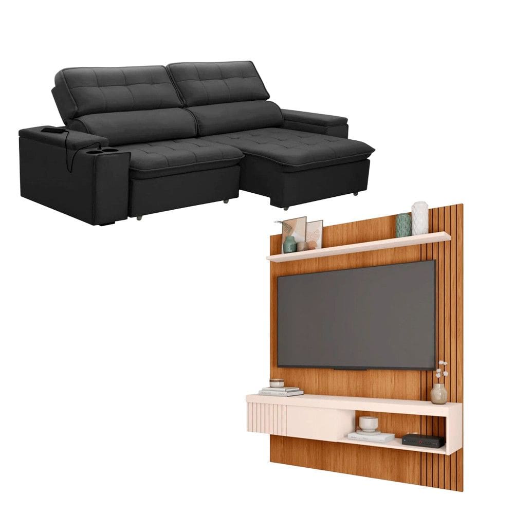 Kit Sofa Ferguile Genebra 3 Lugares Retratil com USB e Painel TV 55 Esmeralda Caemmun