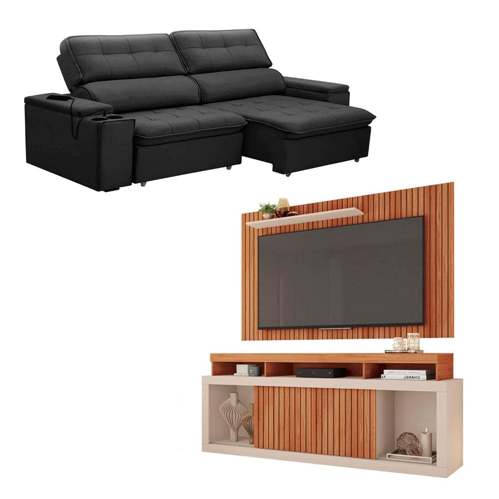 Kit Sofa Ferguile Genebra 3 Lugares Retratil com USB e Rack Painel TV 65 New Oscar Caemmun