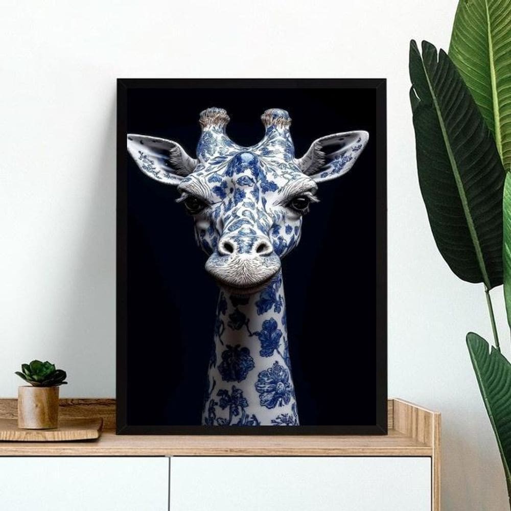 Quadro Decorativo Girafa Estampa Flores Azuis 33X24Cm