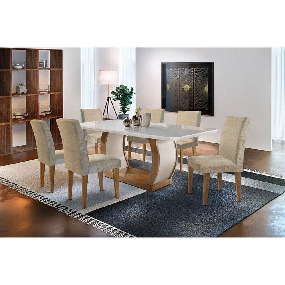 Conjunto: Mesa de Cozinha Jade Tampo Madeirado c/ Vidro Canto Curvo 180x90cm e 6 Cadeiras Grécia Capuccino/Suede Capuccino - Rufato