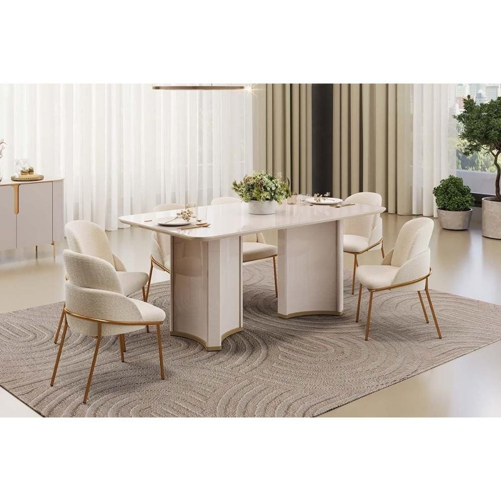 Conjunto: Mesa de Cozinha Liz c/ Tampo Madeirado c/ Vidro Curvo 180x100cm e 6 Cadeiras Vitta Off White - Boucle Perola - DJ Móveis