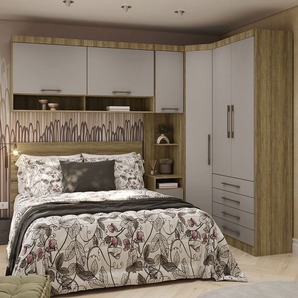 Quarto de Canto Casal com Guarda Roupas Cabeceira Paris Luciane Moveis