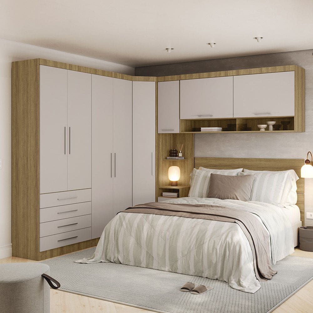 Quarto de Canto Casal com Guarda Roupa Aereo e Cabeceira Paris Luciane Moveis