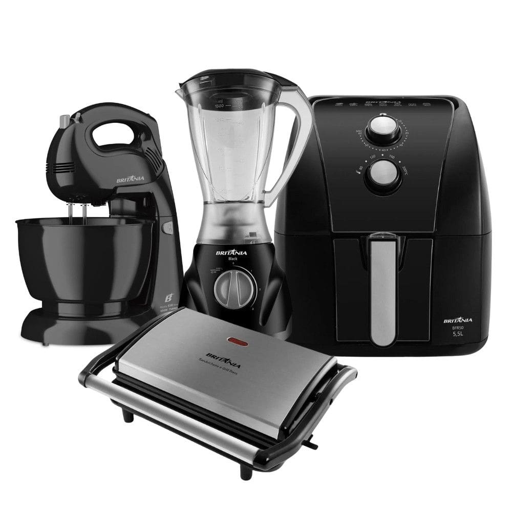 Kit Britania com Air Fryer 5,5L + Batedeira 4,3L + Grill/Sanduicheira + Liquidificador Diamante
