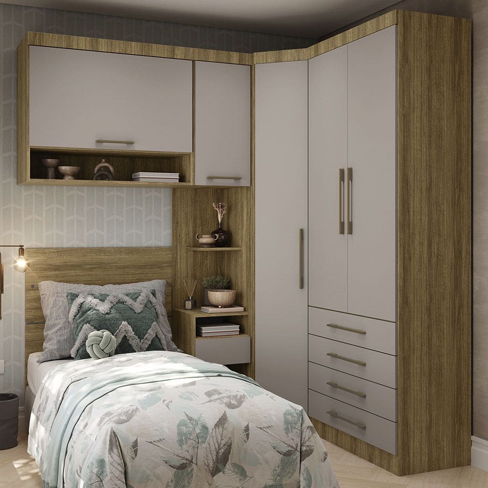 Quarto de Canto Solteiro com Guarda Roupas Cabeceira Paris Luciane Moveis