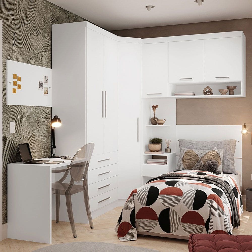 Quarto de Canto Solteiro com Guarda Roupas Cabeceira e Escrivaninha Alpes Luciane Moveis