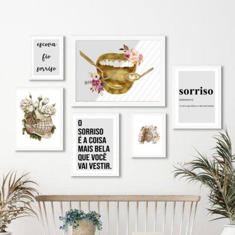 Kit 6 Quadros Odontologia - Madeira Branca - Vários Tamanhos