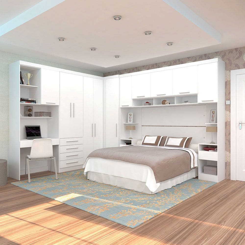 Quarto de Canto Casal com Guarda Roupas Cabeceira e Bancada Home Office Alpes Luciane Moveis