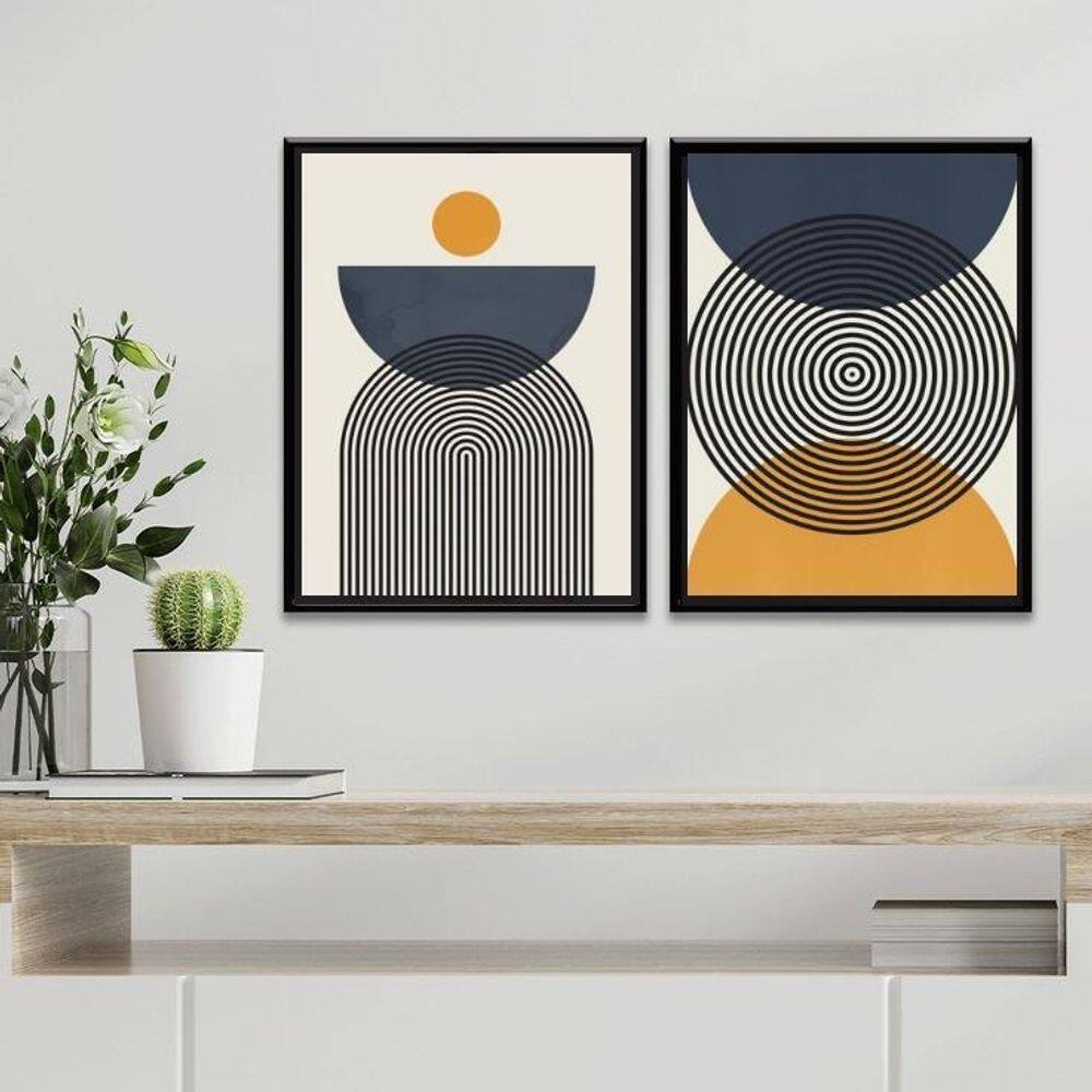 Kit 2 Quadros Abstrato Círculos Azul E Mostarda 45X34Cm