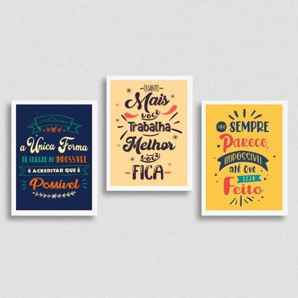 Kit 3 Quadros Frases Motivacionais Trabalho 24X18Cm Branca