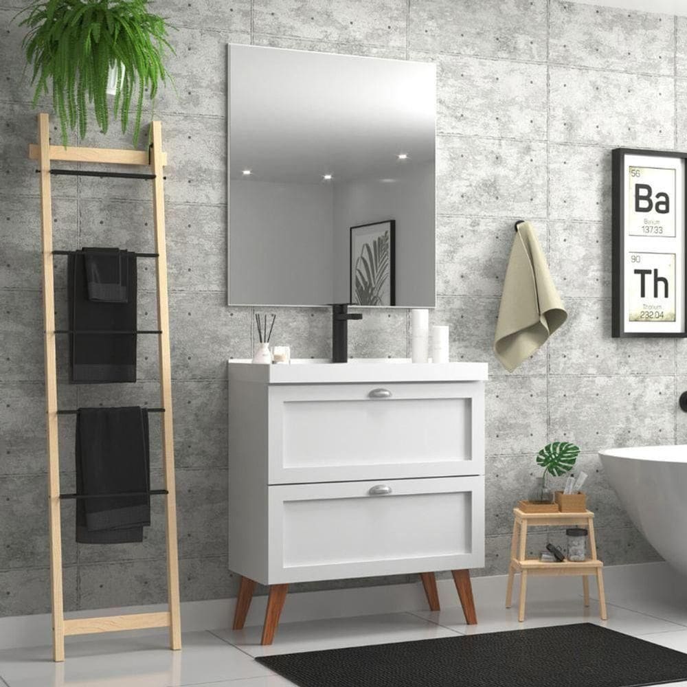 Gabinete Para Banheiro Com Cuba E Espelho 80cm Retro Mdf Branco Milano - On Móveis