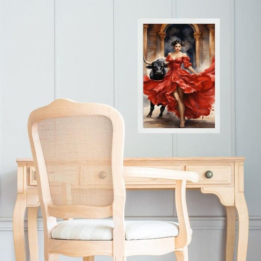 Quadro Decorativo Espanhã - Mulher E Touro 45X34Cm - Vidro