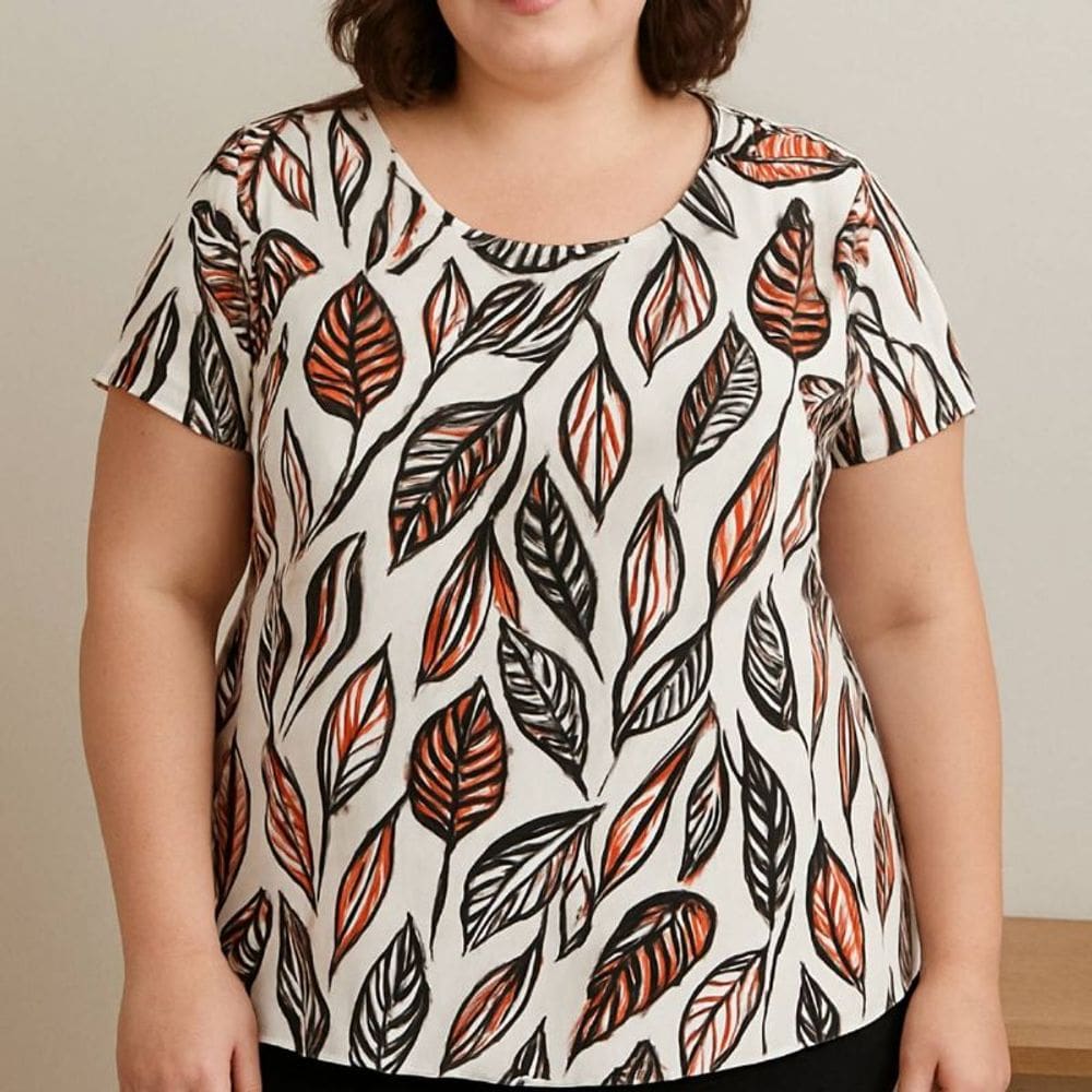 Blusa Feminina Laiza Estampa Folhas Plus Size