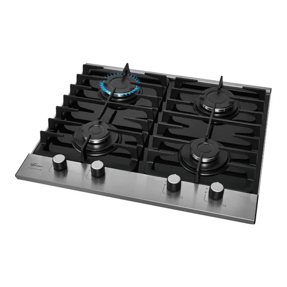 Cooktop a Gás Fischer 4 Bocas Platinium com Trempe de ferro fundido Mesa Vidro Bivolt 33800