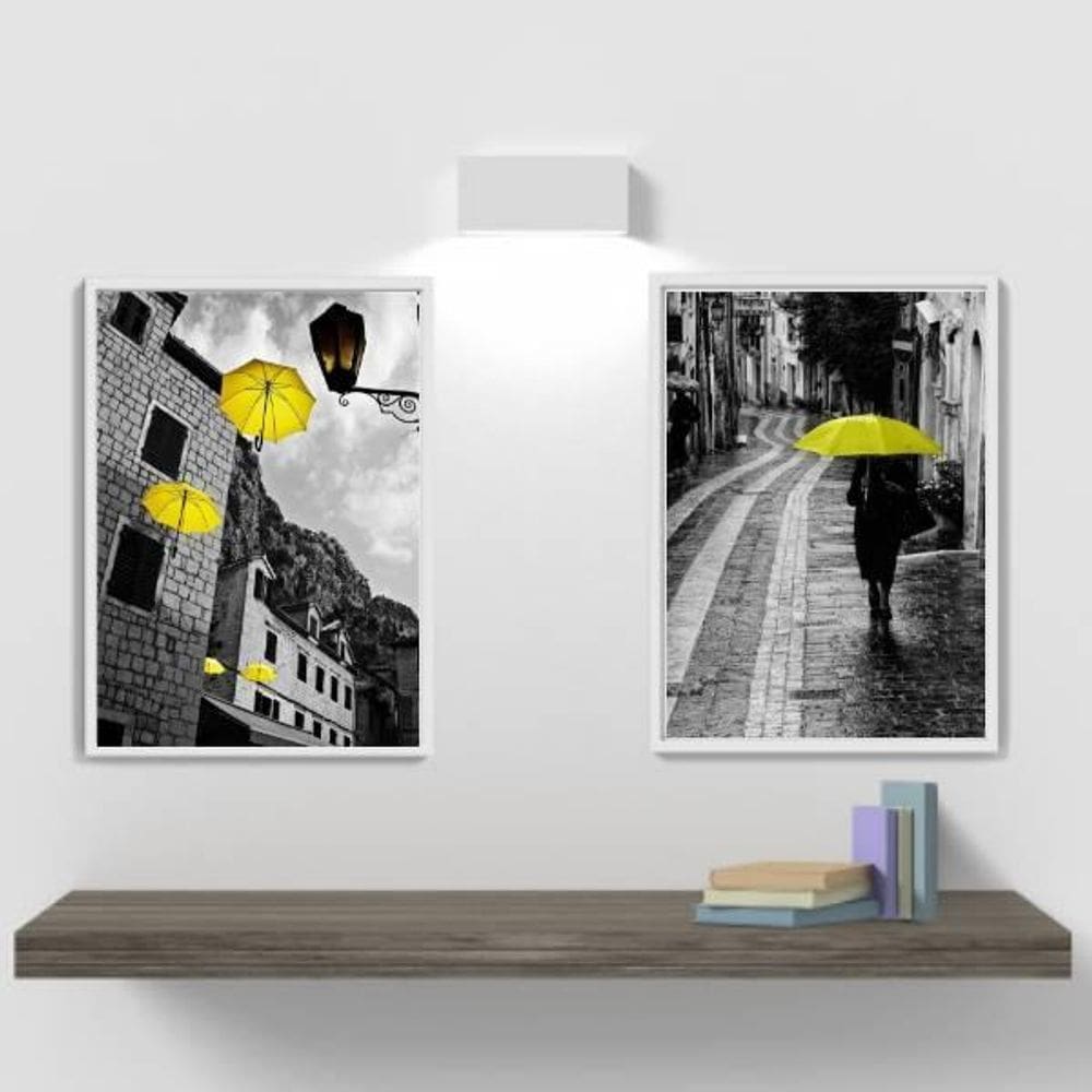 Kit 2 Quadros Fotografias Sombrinhas Amarelas 45X34 Branca