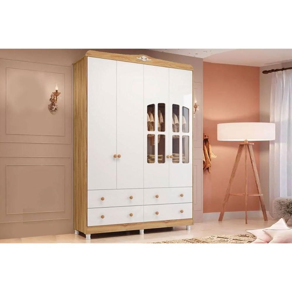Guarda Roupa 4 Portas c/ (2 Cristal) e 4 Gavetas Êlo Branco/Amendoa - Peroba