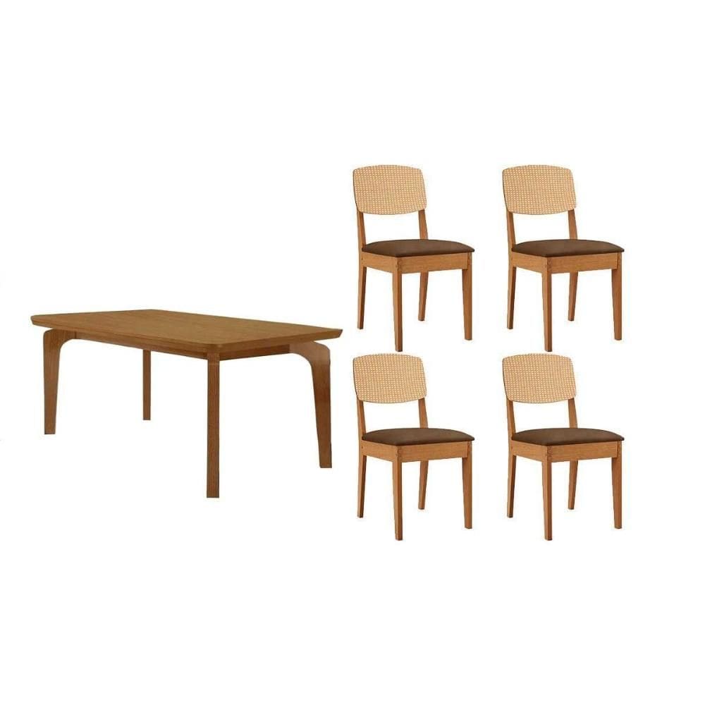Conjunto: Mesa Sala Jantar Londrina Tampo Curvo 120cm+4 Cadeiras Havana Naturale - Suede Marrom - Rufato