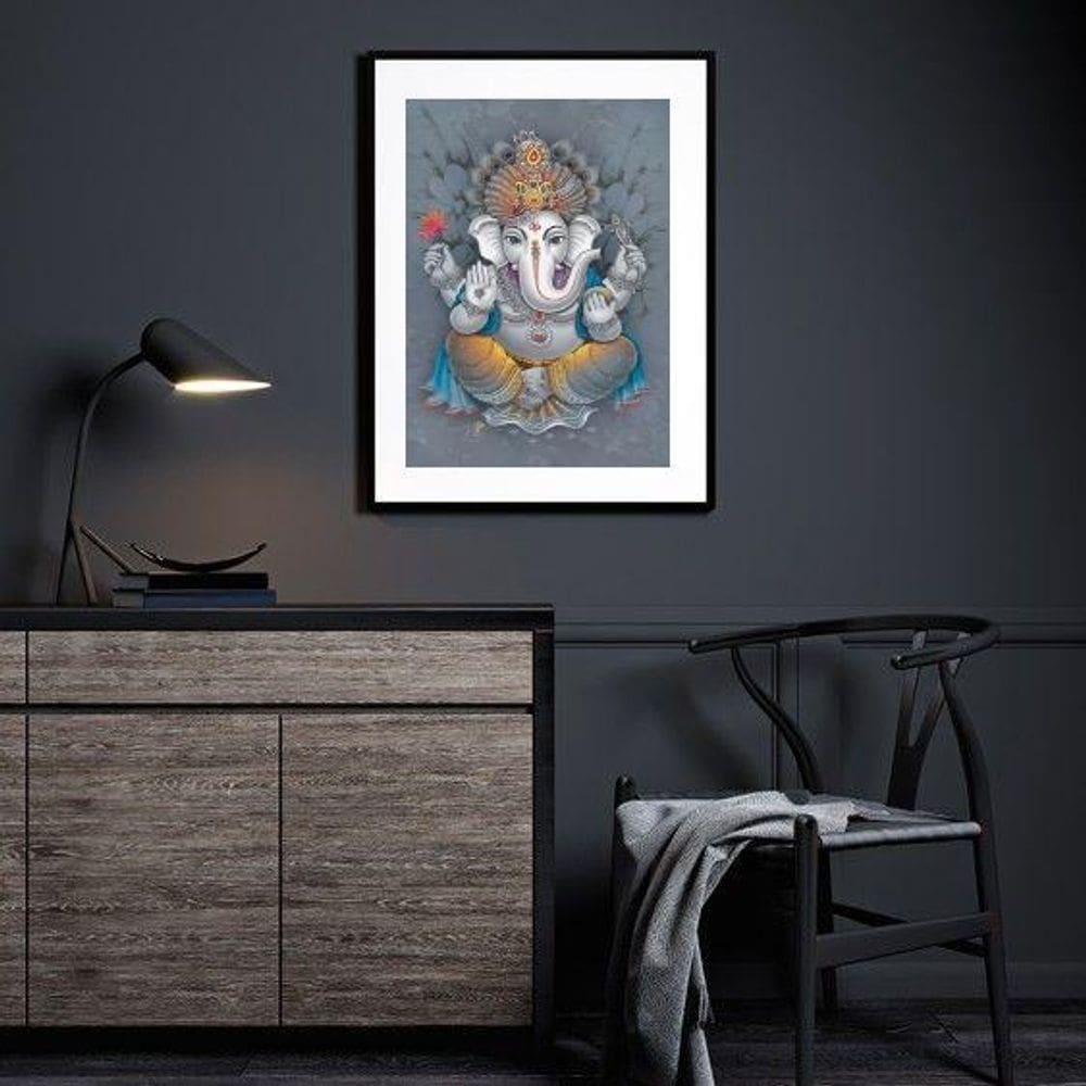 Quadro Decorativo Ganesha Fundo Cinza - 60X48Cm