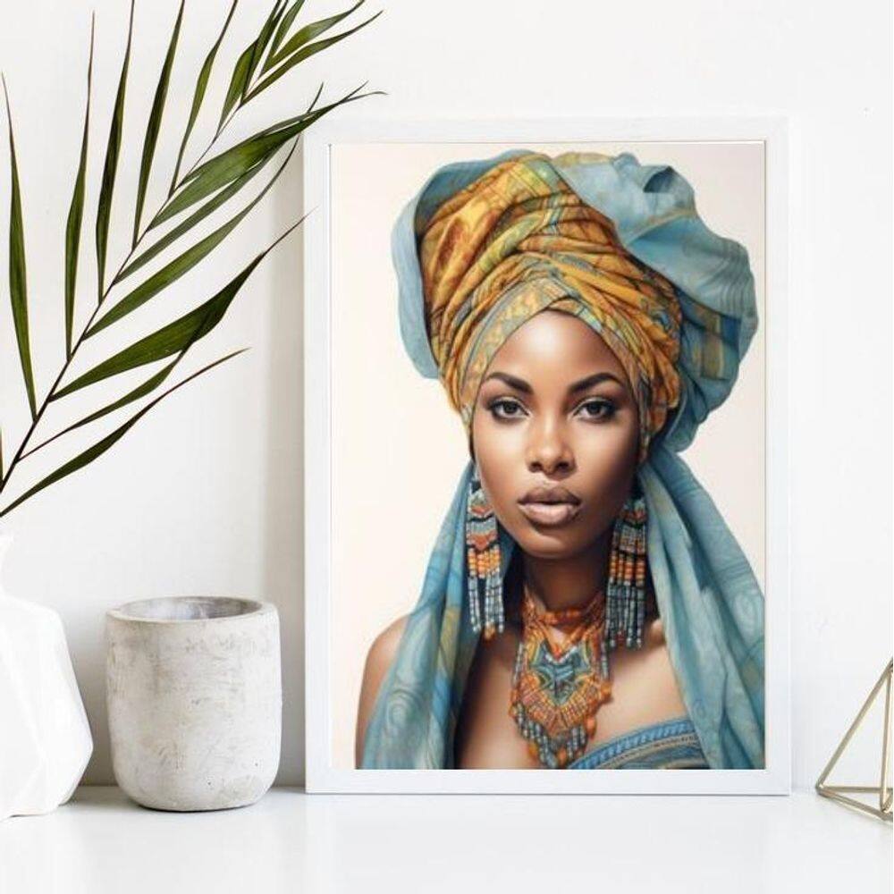 Quadro Decorativo Mulher Africana Turbante Azul 45x34cm