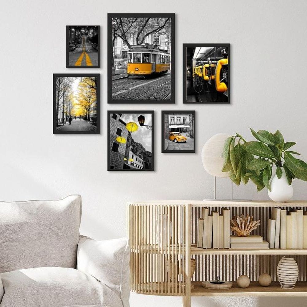 Kit 6 Quadros Cidades Amarelo/Preto - Madeira Branca