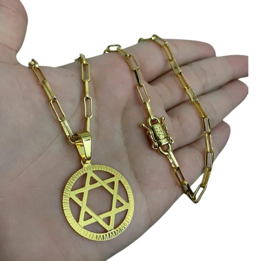 Cordão Tijolinho 4Mm - Pingente Estrela Davi Banhado A Ouro