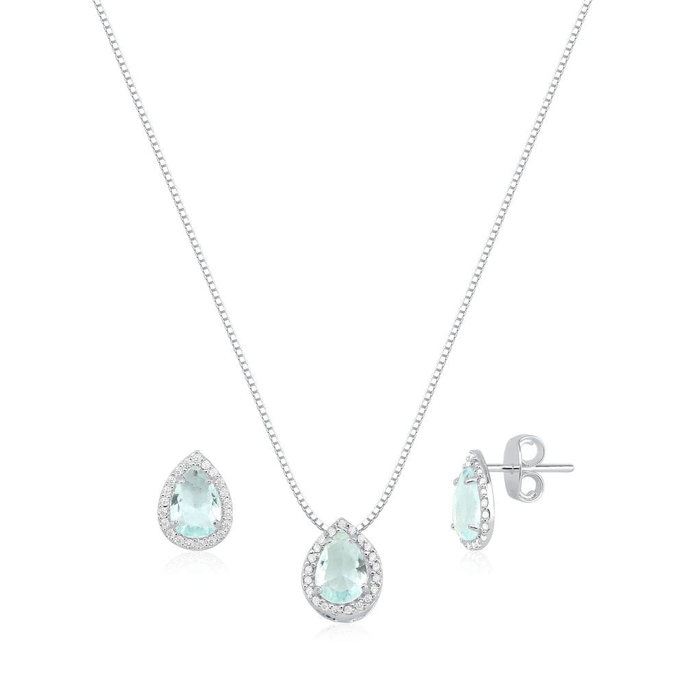 Colar Pingente Gota Aqua Marine Zircônia Cravejado Prata 925