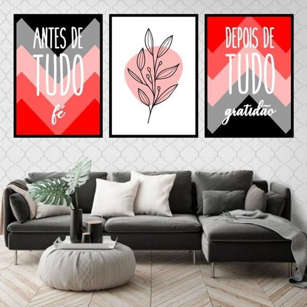 Kit 3 Quadros Fé Gratidão Vermelho E Preto 45X34 Vidro Preta
