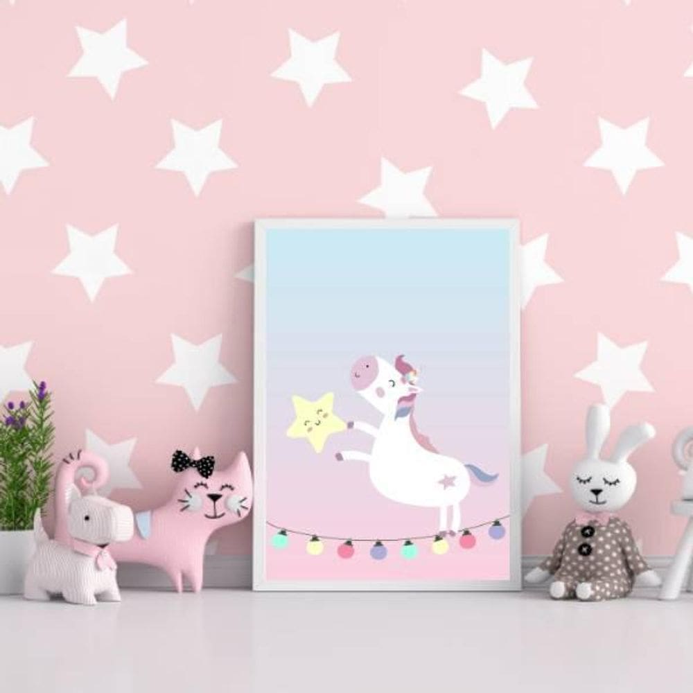 Quadro Decorativo Unicórnio Com Estrelinha 24X18Cm Branca