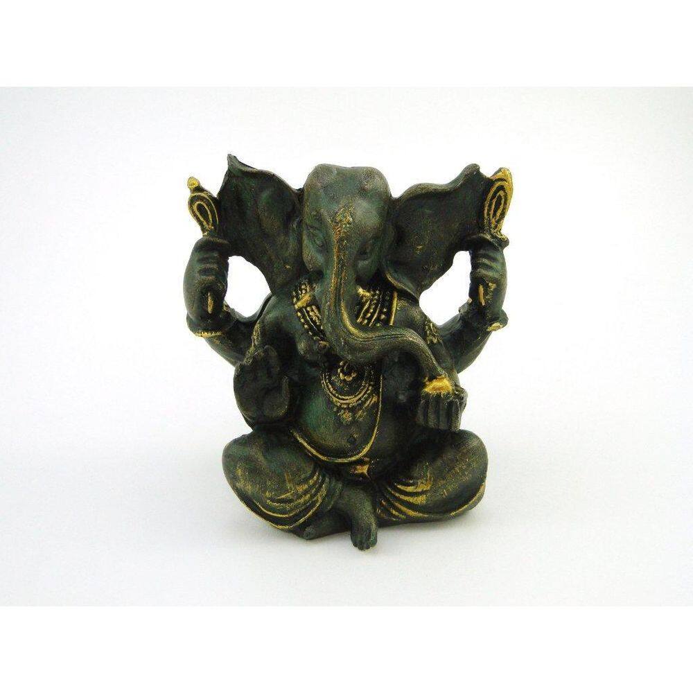 Estátua Ganesha Sentado Verde E Dourado Resina 12 Cm