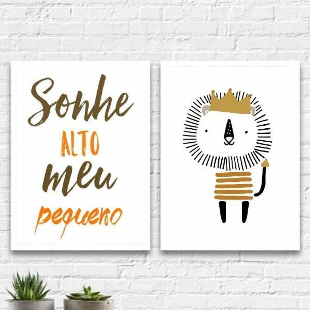 Kit 2 Quadros Infantil Leãozinho Sonhe Alto 45X34Cm Branca