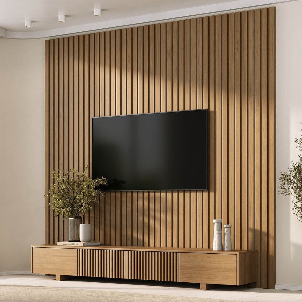 Rack Ripado com Painel Ripado para Tv até 86 Polegadas 240x250 Aruá Cabecasa Madeiraoriginals Jatoba