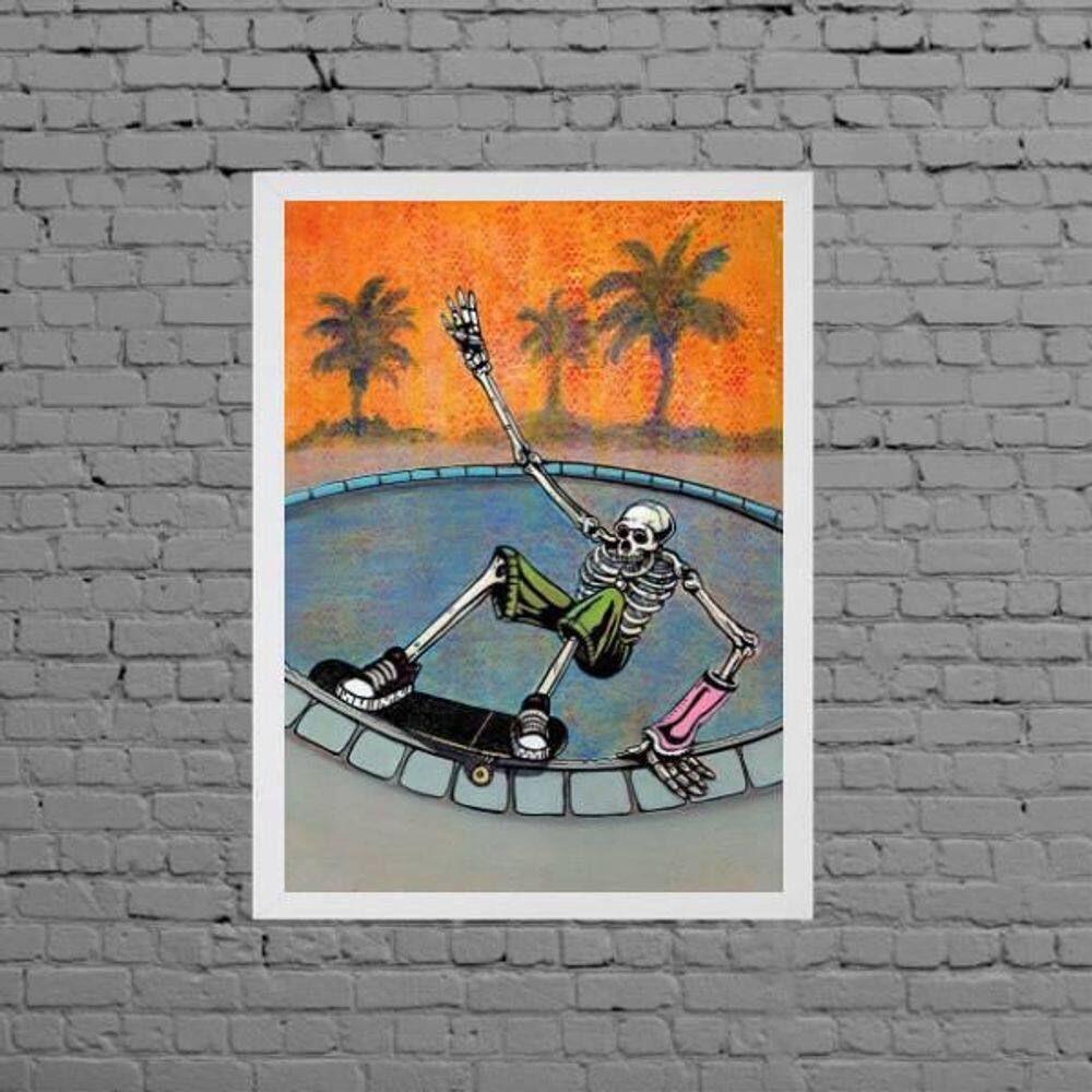 Quadro Decorativo Caveira No Skate 24X18Cm Moldura Branca