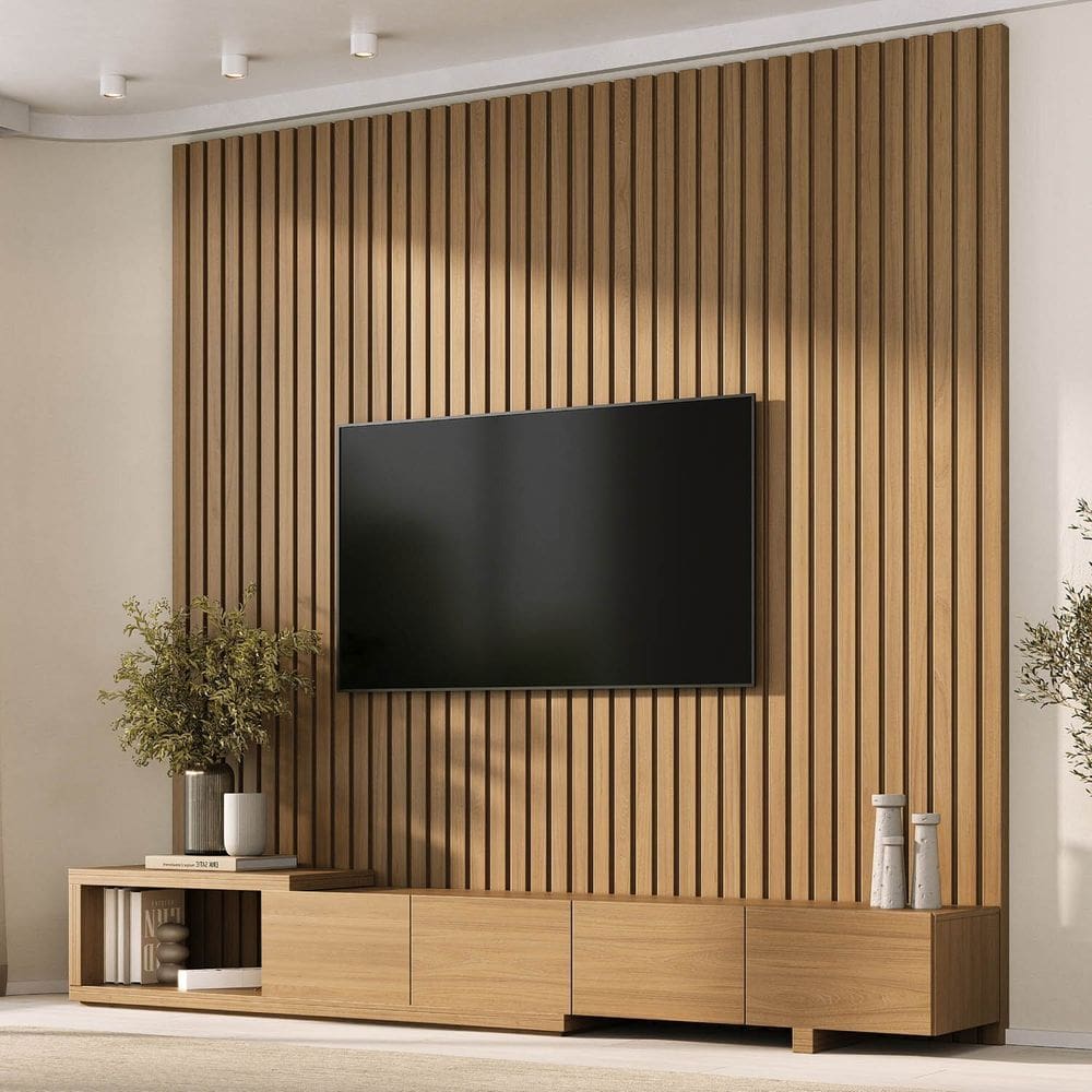 Rack Extensível Liso C/ Painel Ripado P/ Tv até 86 Polegadas 240x230 Aruá Cabecasa Madeiraooriginals Jatoba